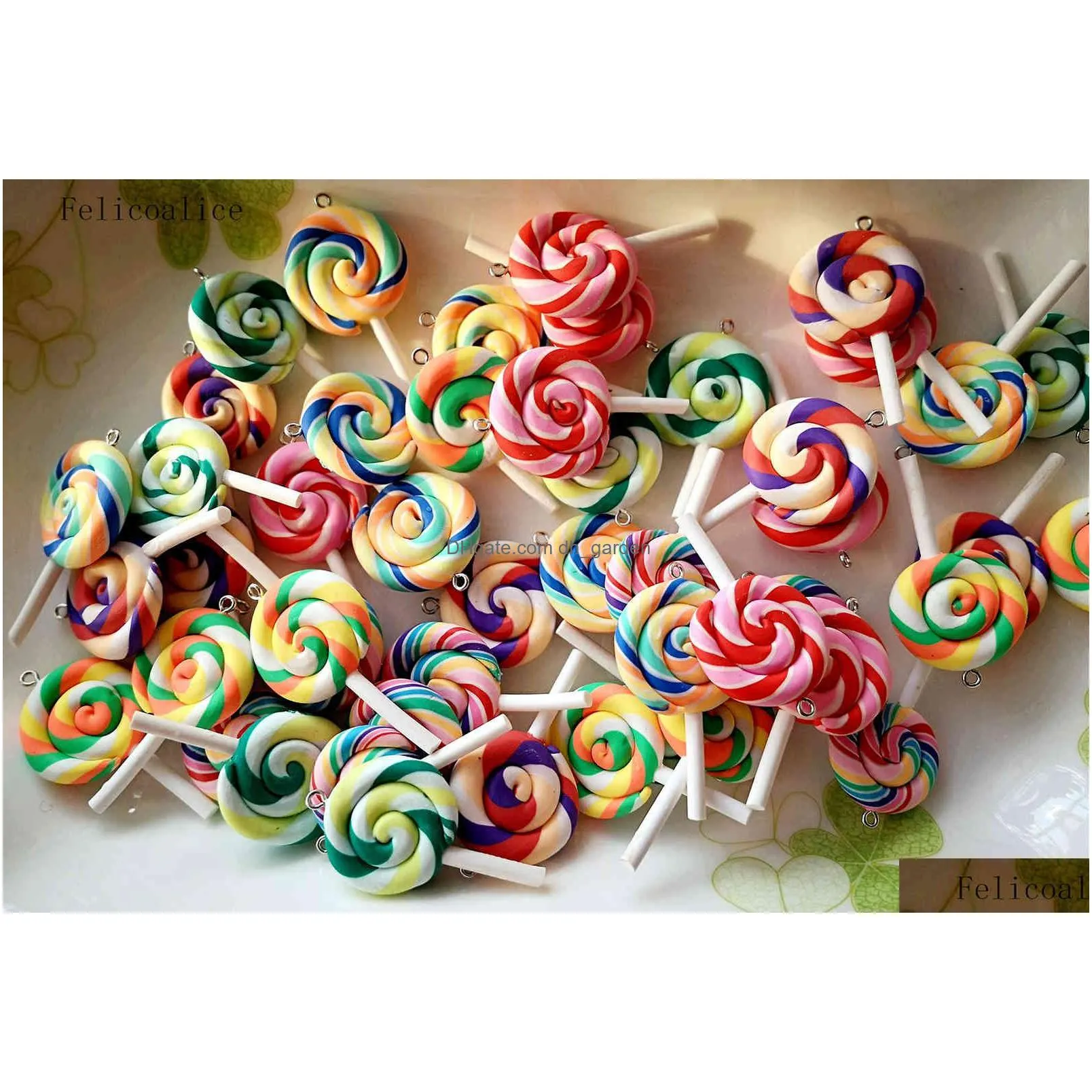50pcs cute rainbow soft pottery lollipops charms for diy personality bottle pendants clay decoration earrings necklace