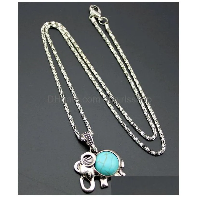 european and american baby elephants jewelry sets 2piece turquoise green stone drop earrings and long necklace 5sets/lot