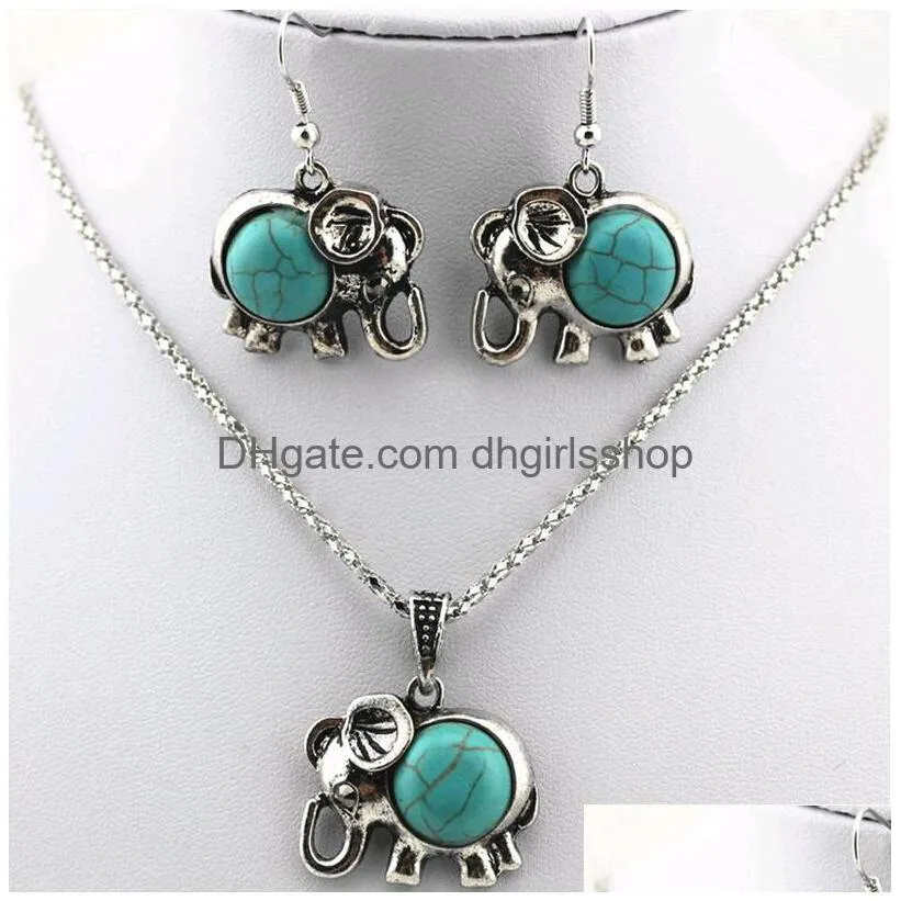 european and american baby elephants jewelry sets 2piece turquoise green stone drop earrings and long necklace 5sets/lot