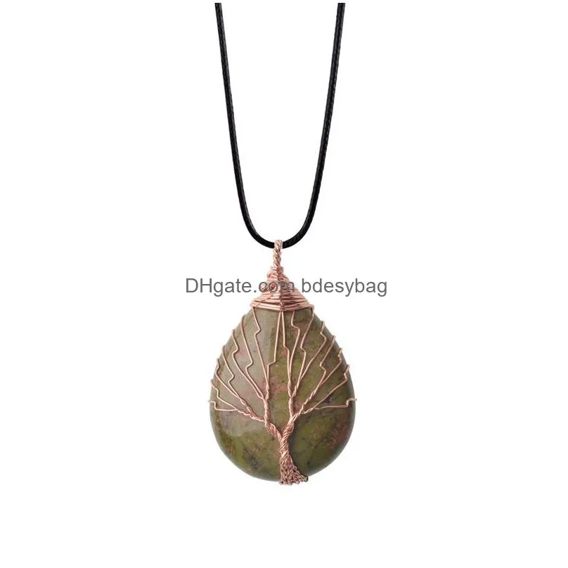 tree of life wire wrap water drop necklace pendant natural gem stone diy jewelry making