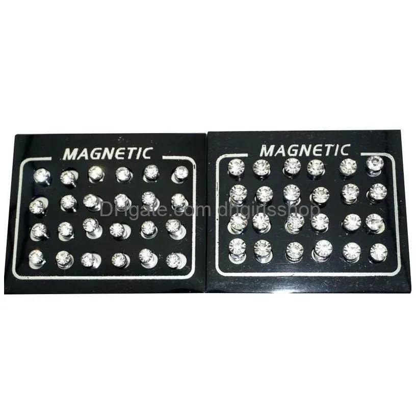 12 pair/lot 4/5/6/7mm round crystal rhinestone magnet stud earring puck women mens magnetic fake ear plug jewelry