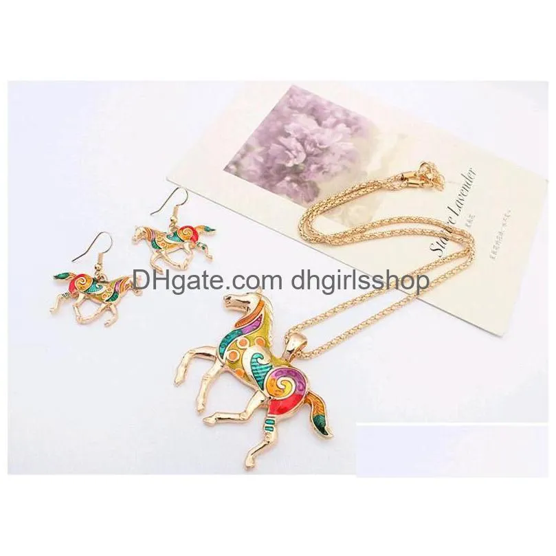 new fashion colorful jewelry set oil drip rainbow horse pendant earrings necklace for women wholesale