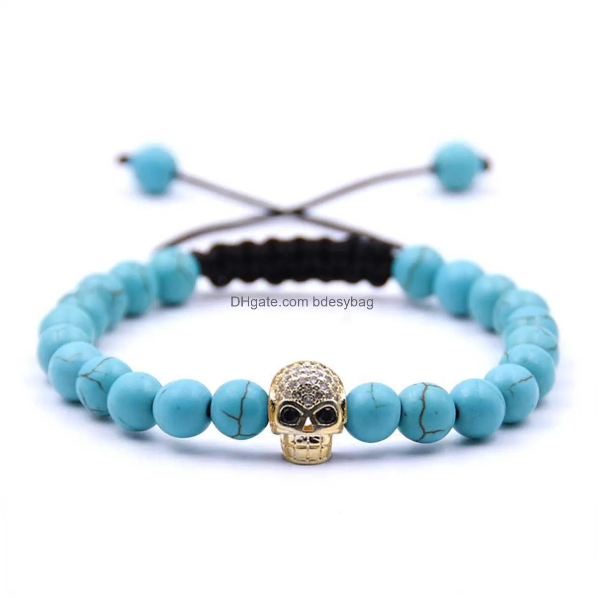 2018 10pc/set handmade woven bracelets turquoise stone decorative skull head beaded cheap bracelets for men and women