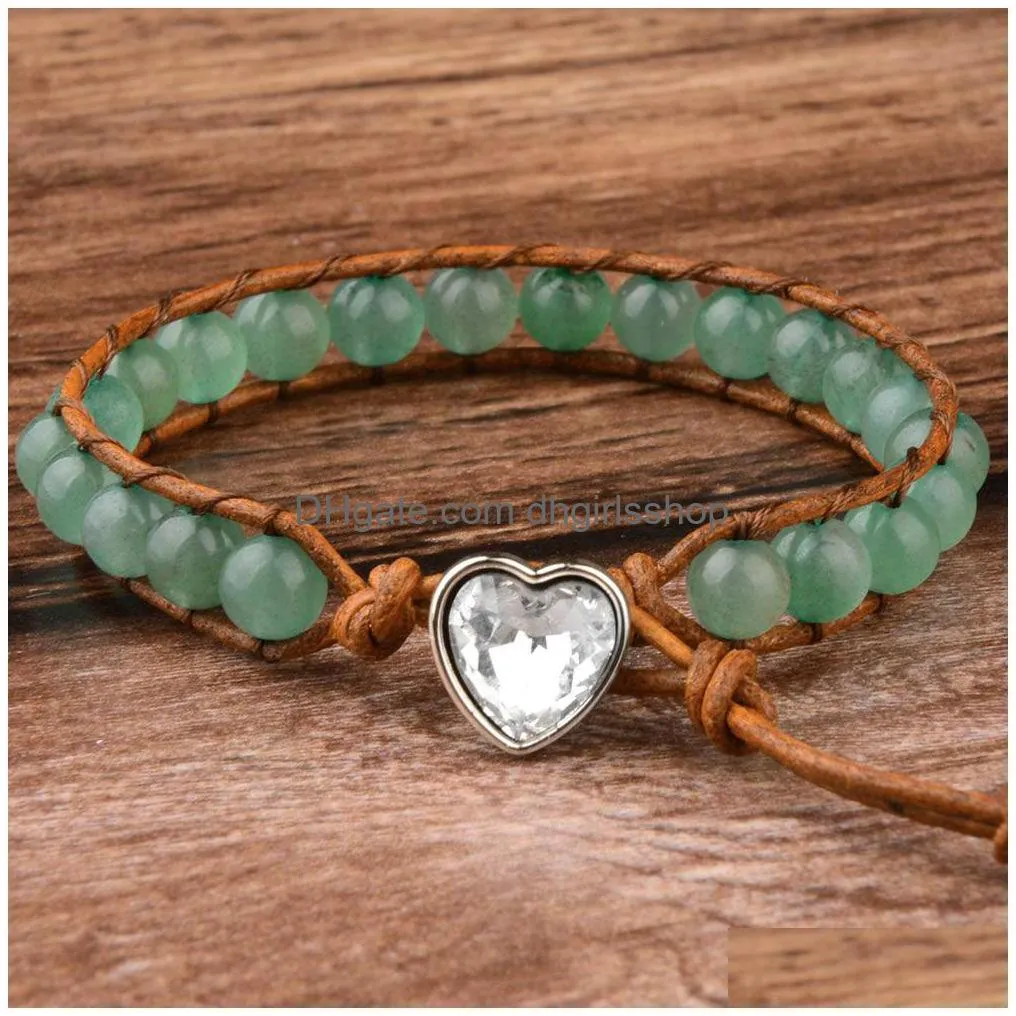 6mm genuine natural stone beaded heartshaped turquoises leather cord bracelet for women men jewelry