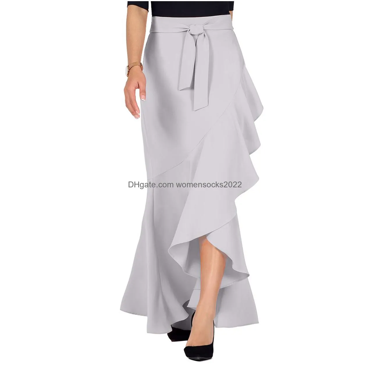 womens maxi long skirt high waist ruffles festive belted asymmetric mermaid fishtail party wrap skirt