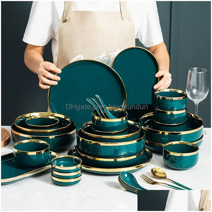 gilt rim green ceramic plate steak food plate tableware bowl ins dinner dish high end porcelain dinnerware set for family hotel