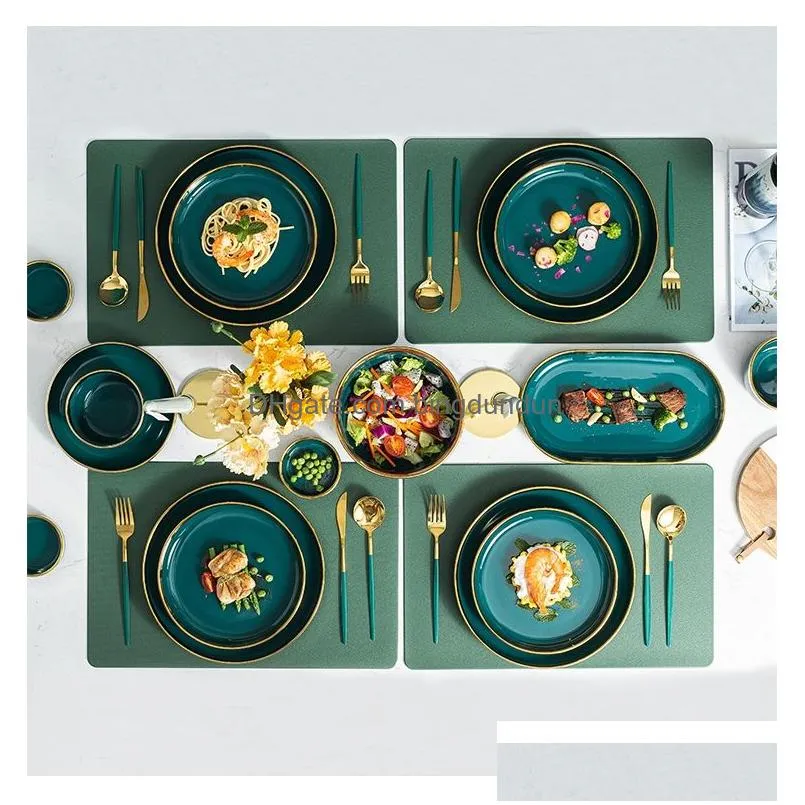 gilt rim green ceramic plate steak food plate tableware bowl ins dinner dish high end porcelain dinnerware set for family hotel