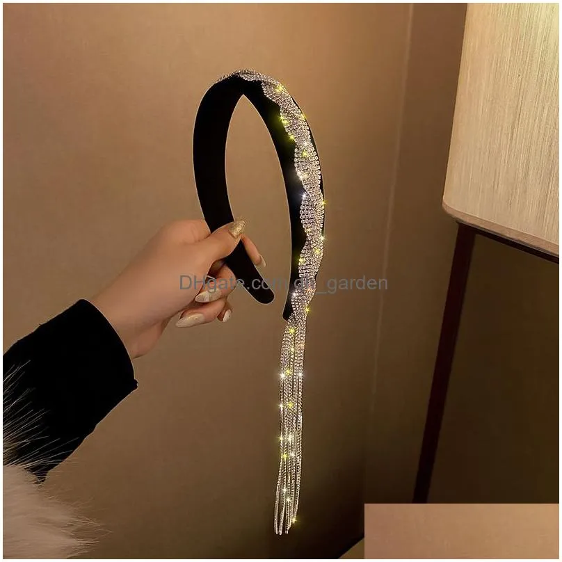 2021 korea style long tassel asymmetry rhinestone headband for women black velvet hairclip wedding hair accessories jewelry