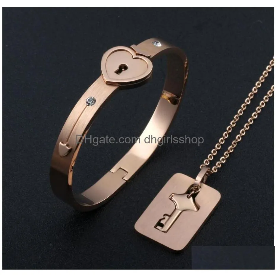 stainless steel couple bangles bracelet necklaces lock key pendant jewelry set for boyfriend girlfriend birthday valentines day gifts