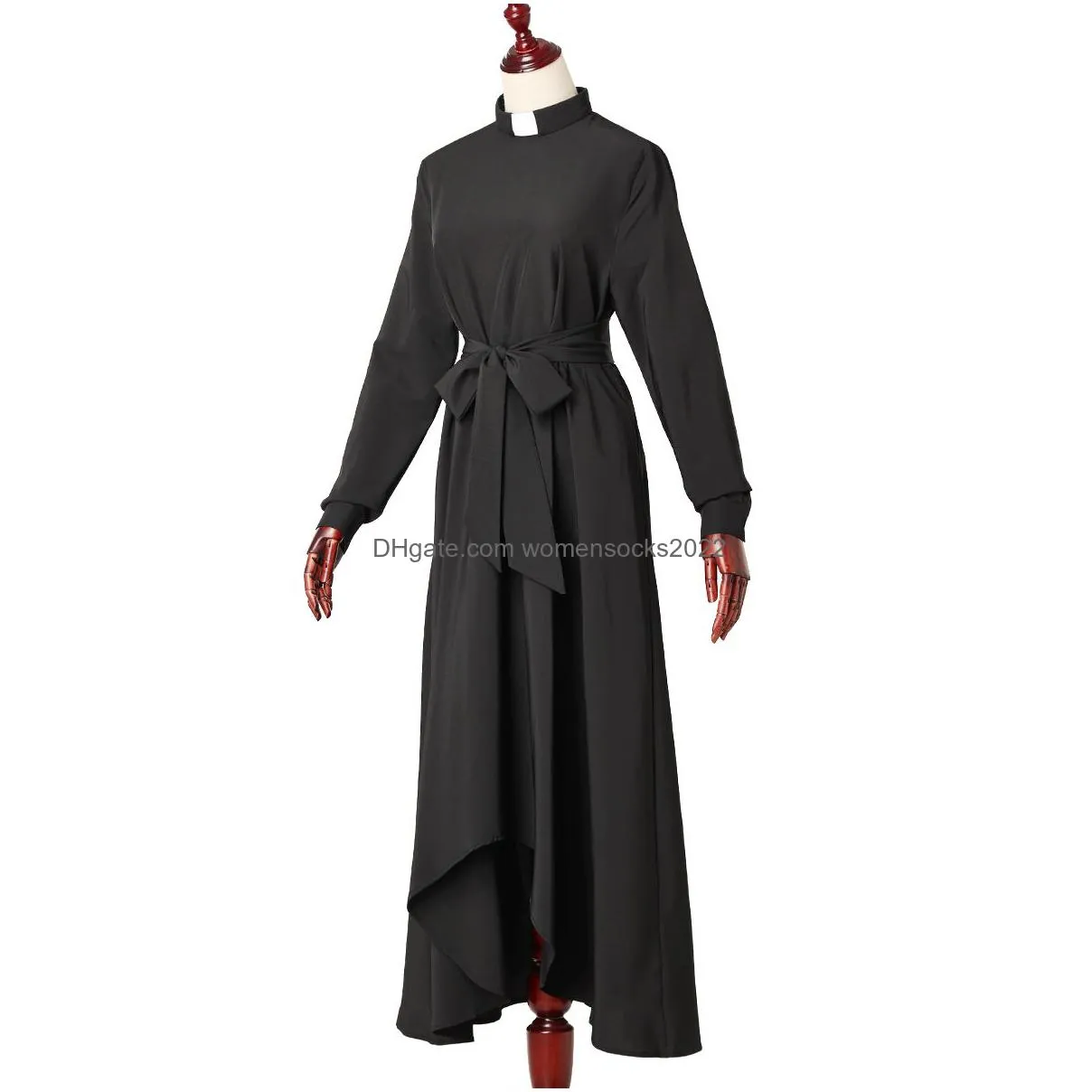 catholic church women clergy dress long sleeve loose elegant priest maxi dresses with tab insert collar and belts