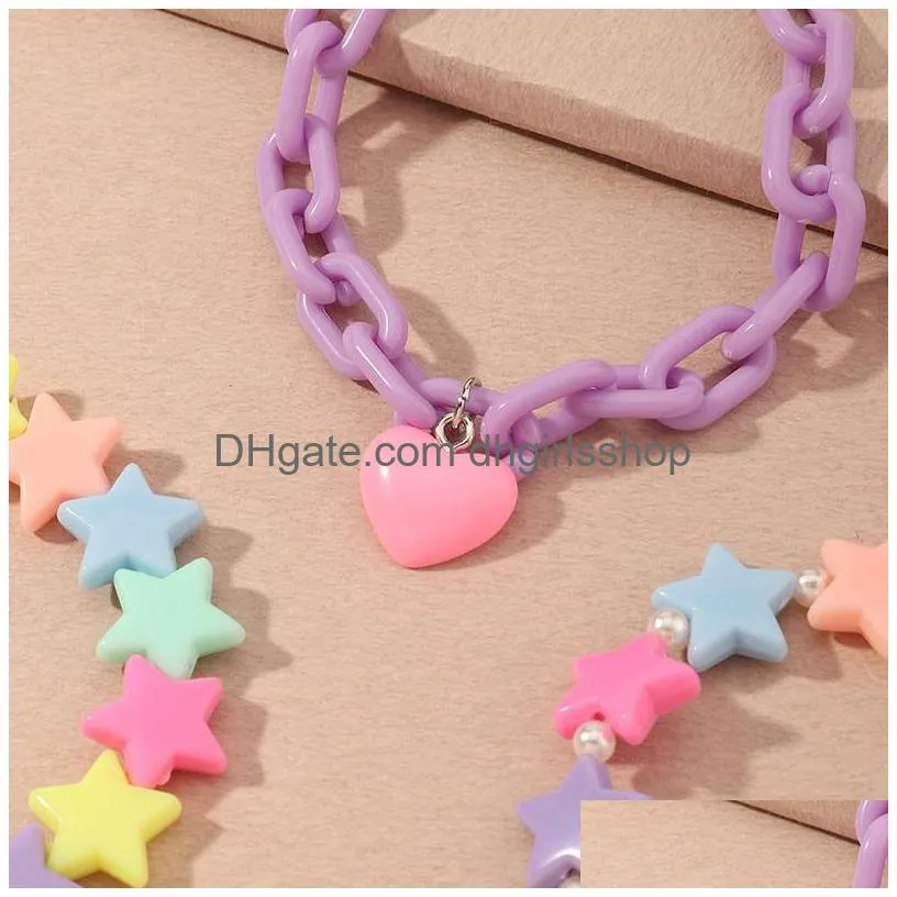 3pc/set fashion candy color acrylic stars heart charms pendant pearls cute bracelet bangles sets for women girls birthday gifts