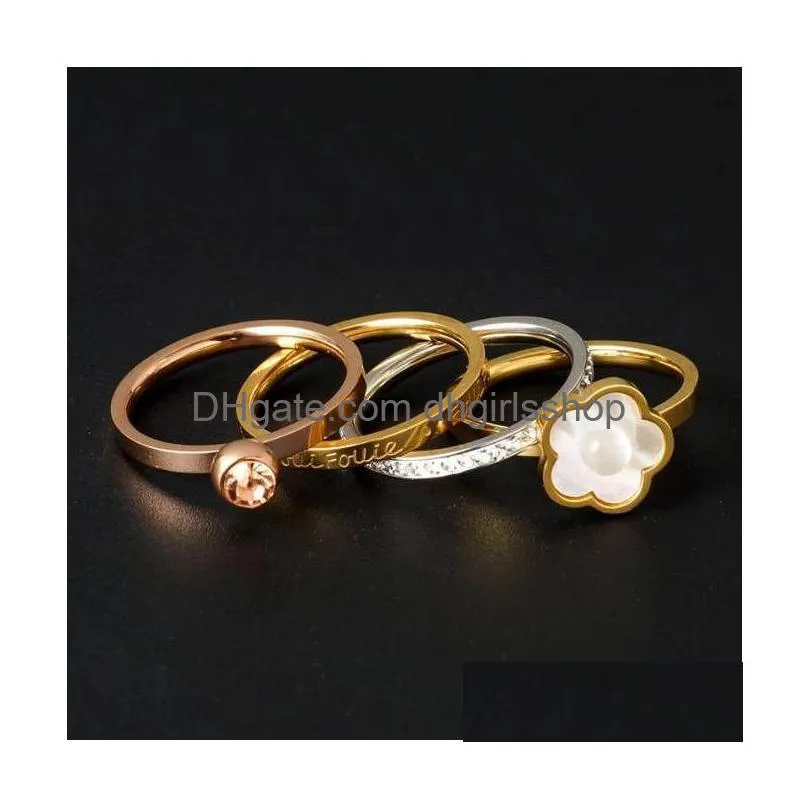 stainless steel ring set natural white shell flower finger ring 4 in 1 cz crystal love wedding bridal rings for women