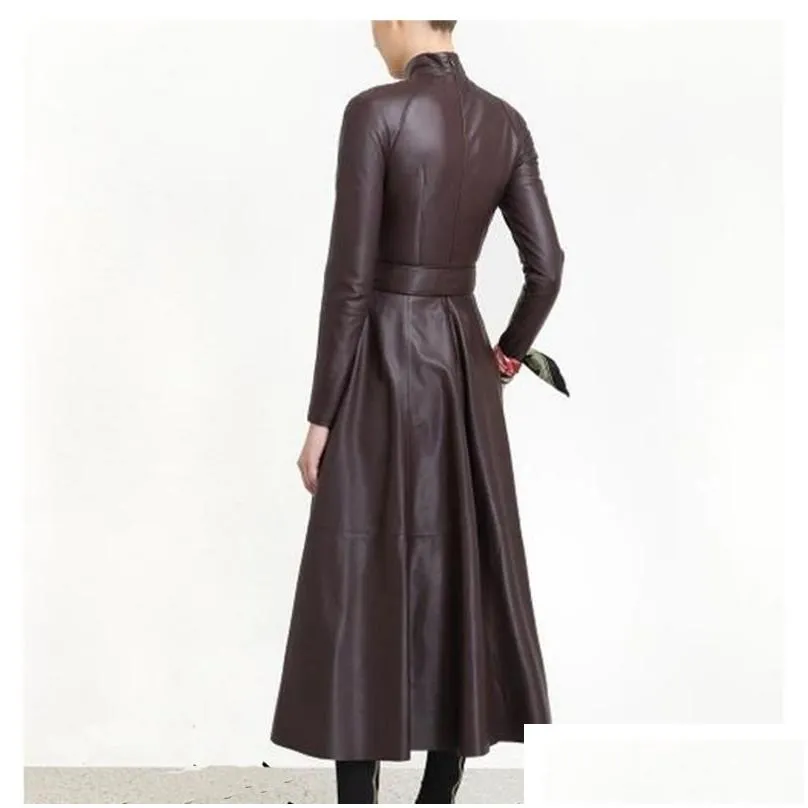 omikron new fashion autumn runway solid women a word faux leather pu dress long sleeve high waist with sashes pleated maxi dress