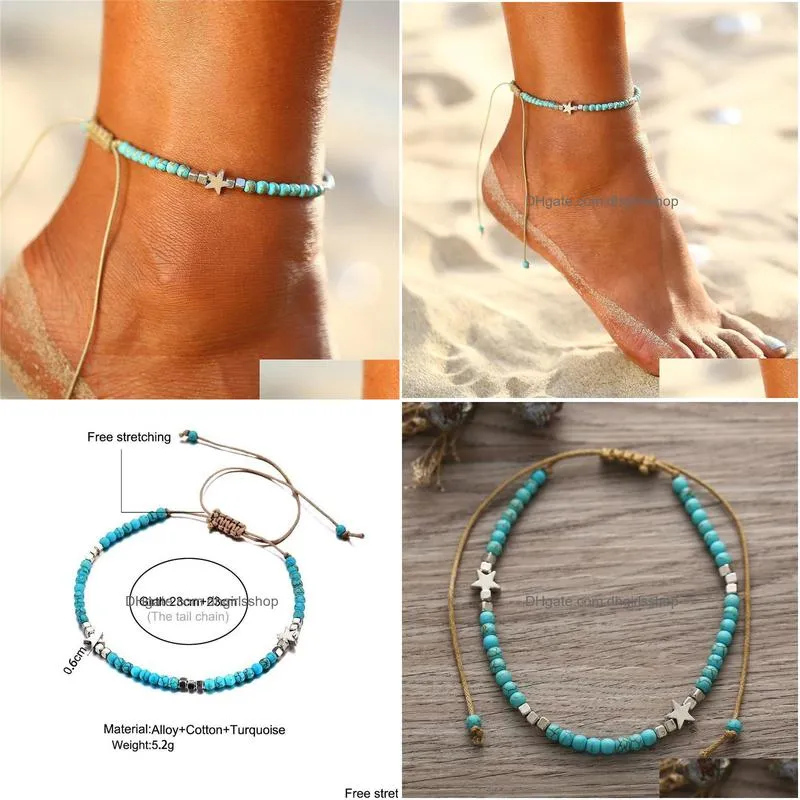bohemian turquoises anklet with star vintage adjustable woven rope bracelet on leg beaded anklet ankle boho jewelry