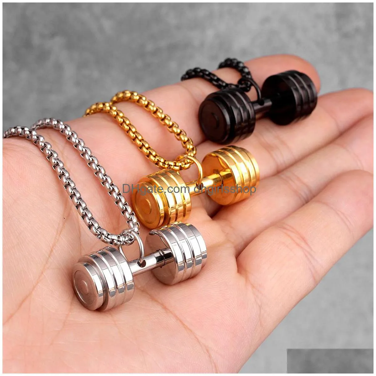 gold black dumbbell fitness men necklaces pendants chain for boyfriend male stainless steel jewelry creativity gift wholesale