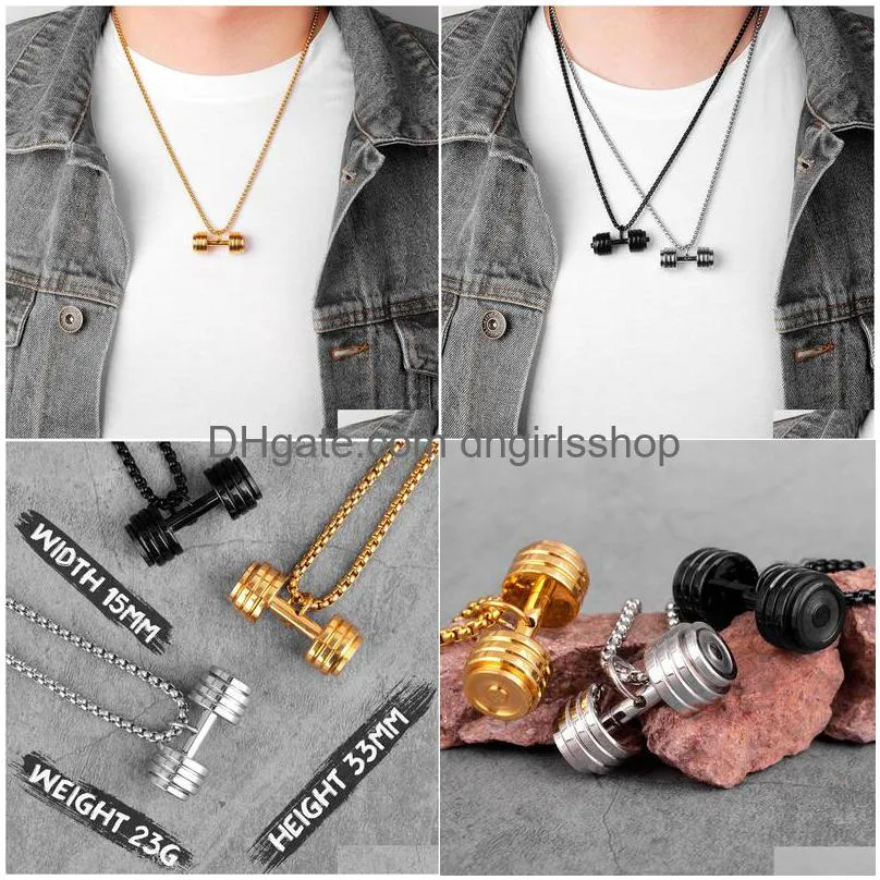 gold black dumbbell fitness men necklaces pendants chain for boyfriend male stainless steel jewelry creativity gift wholesale