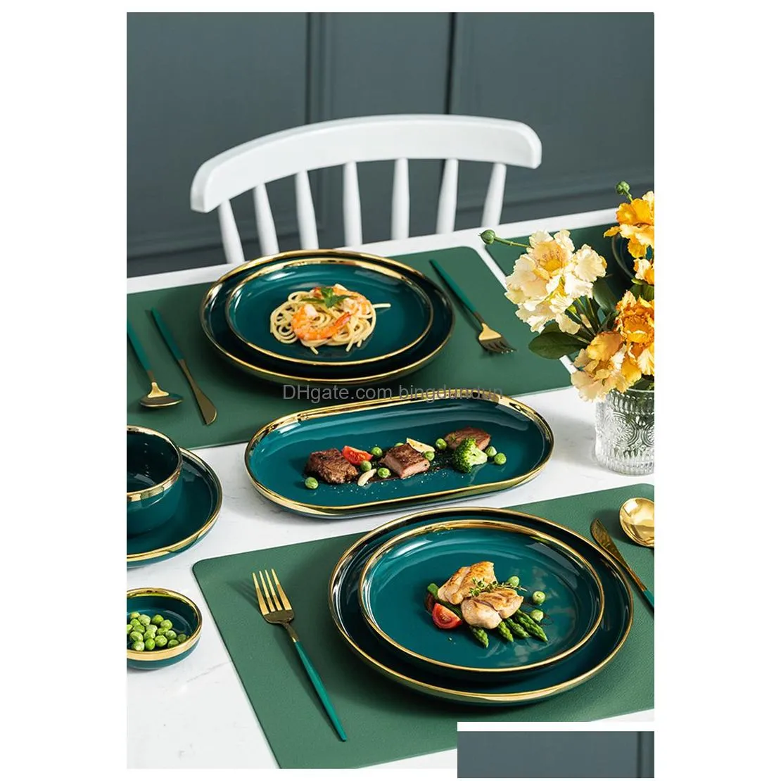 gilt rim green ceramic plate steak food plate tableware bowl ins dinner dish high end porcelain dinnerware set for family hotel