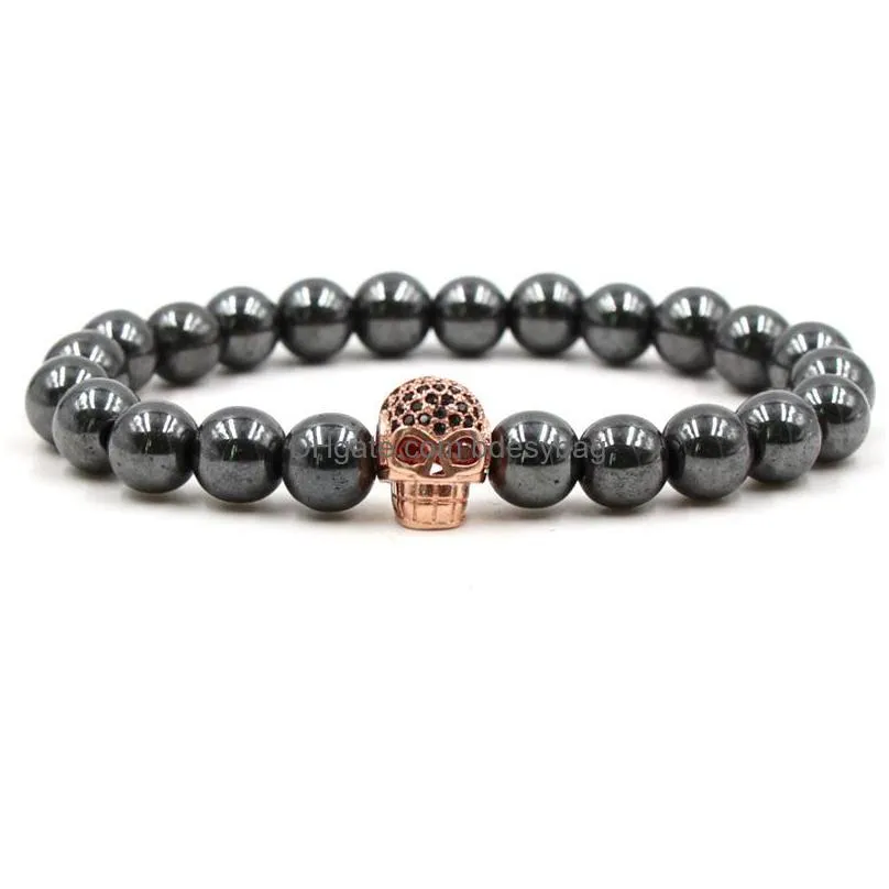 2018 new fashion 10pc/set wholesale best quality bead stone with black skull macrame bracelet for men