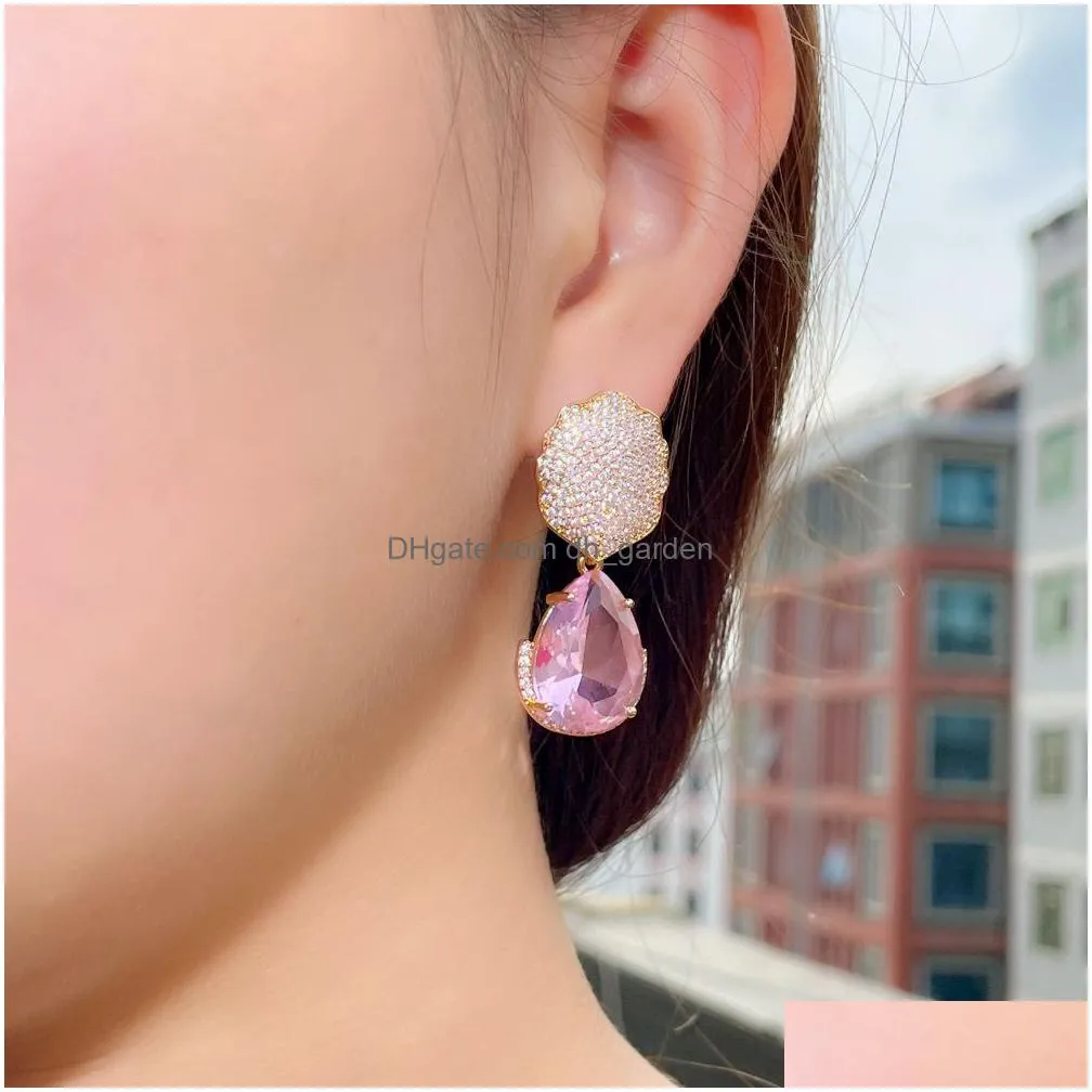 cwwzircon large green pink water drop cubic zirconia stone paved dangle earrings for women chic wedding banquet jewelry cz926
