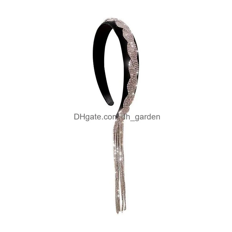 2021 korea style long tassel asymmetry rhinestone headband for women black velvet hairclip wedding hair accessories jewelry