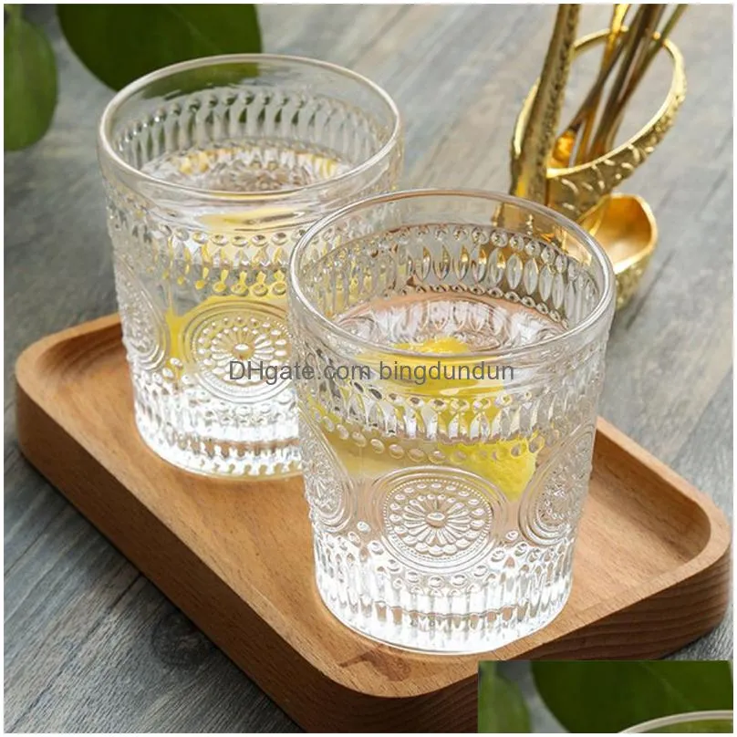 nordic vintage glass cup sun flower embossed wine glasses milk coffee cup cold drink glass transparent water cups