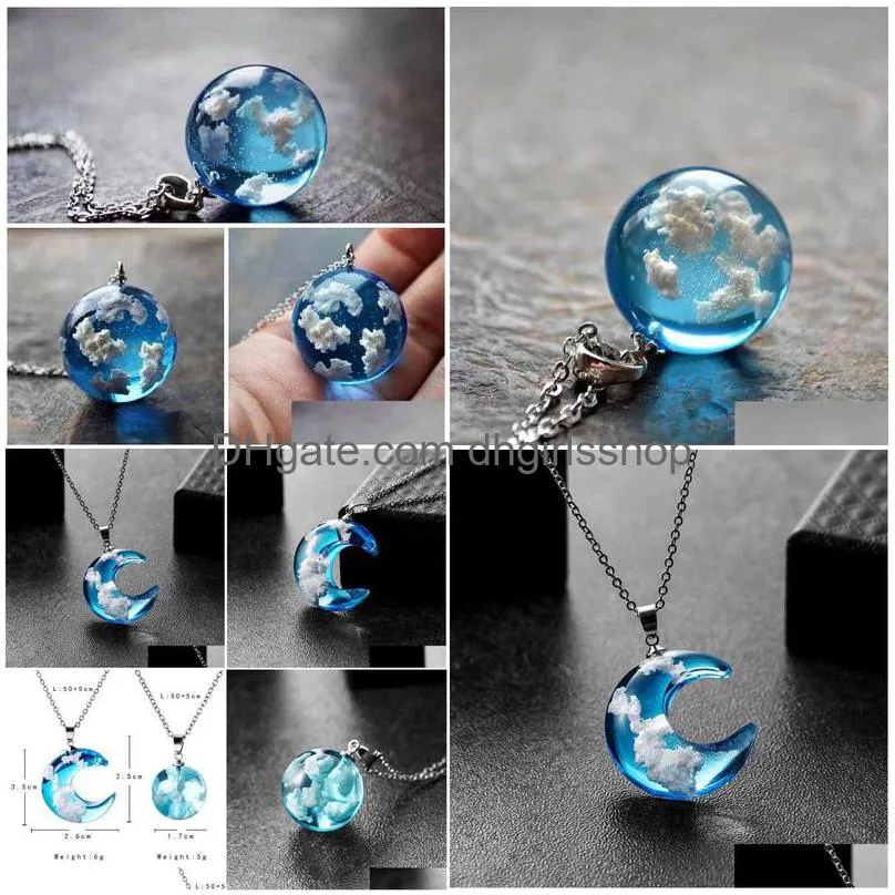 blue sky white cloud chain necklace resin ball moon pendant necklace jewelry