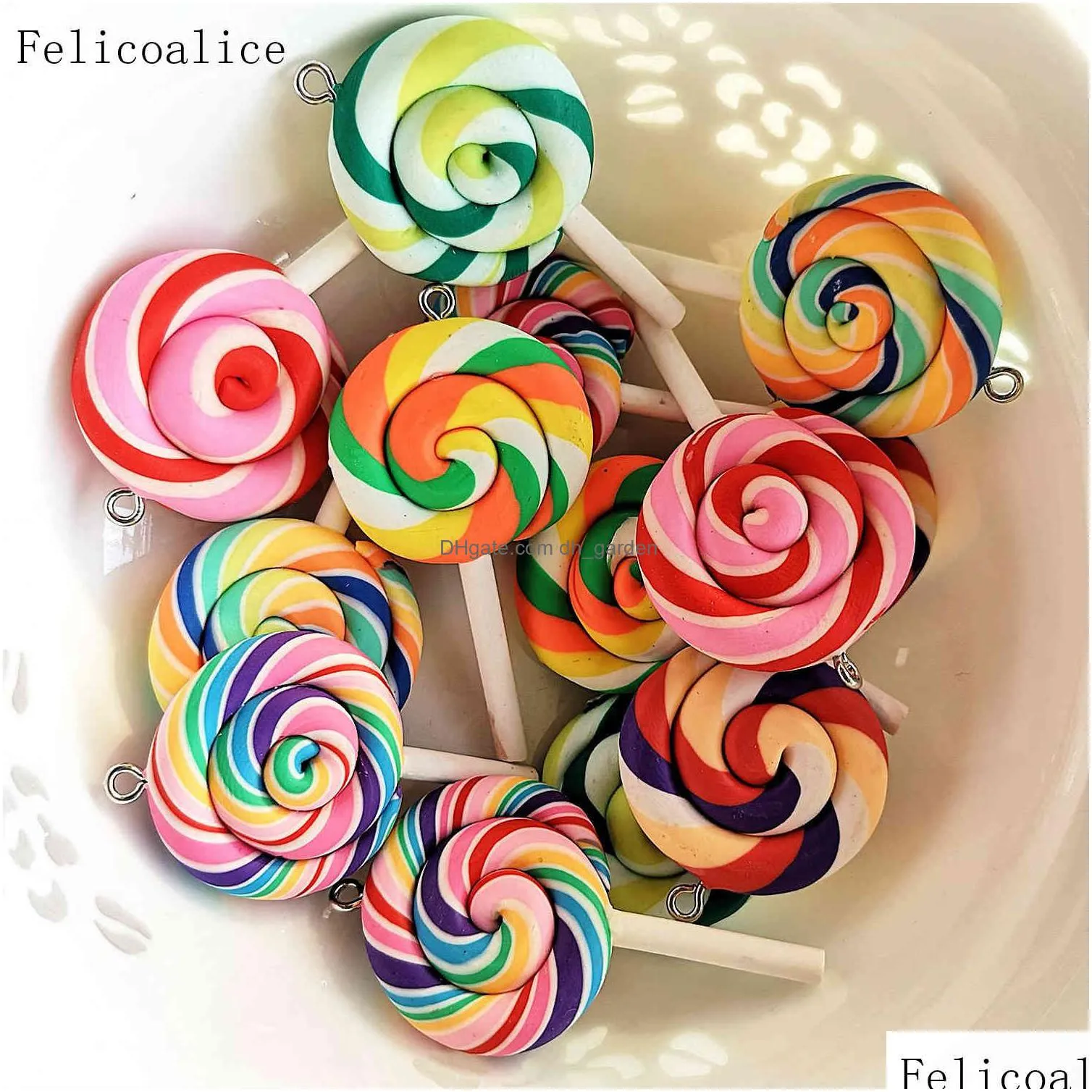 50pcs cute rainbow soft pottery lollipops charms for diy personality bottle pendants clay decoration earrings necklace