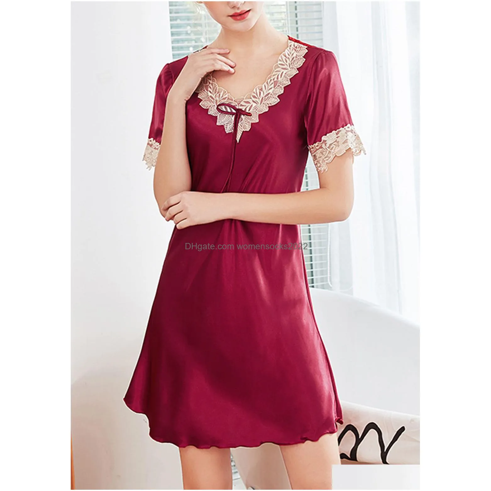 women nightdress sleepwear imitated silk short sleeve negligee summer satin nightwear vneck embroidery tunic elegant underwear sleepshirts