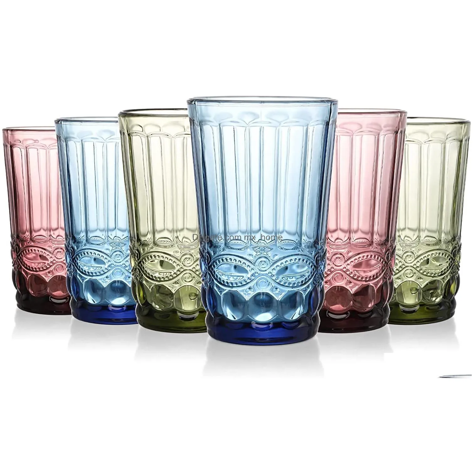 colored drinking glasses vintage embossed multicolored glassware romantic tumblers glass for water juice beverages
