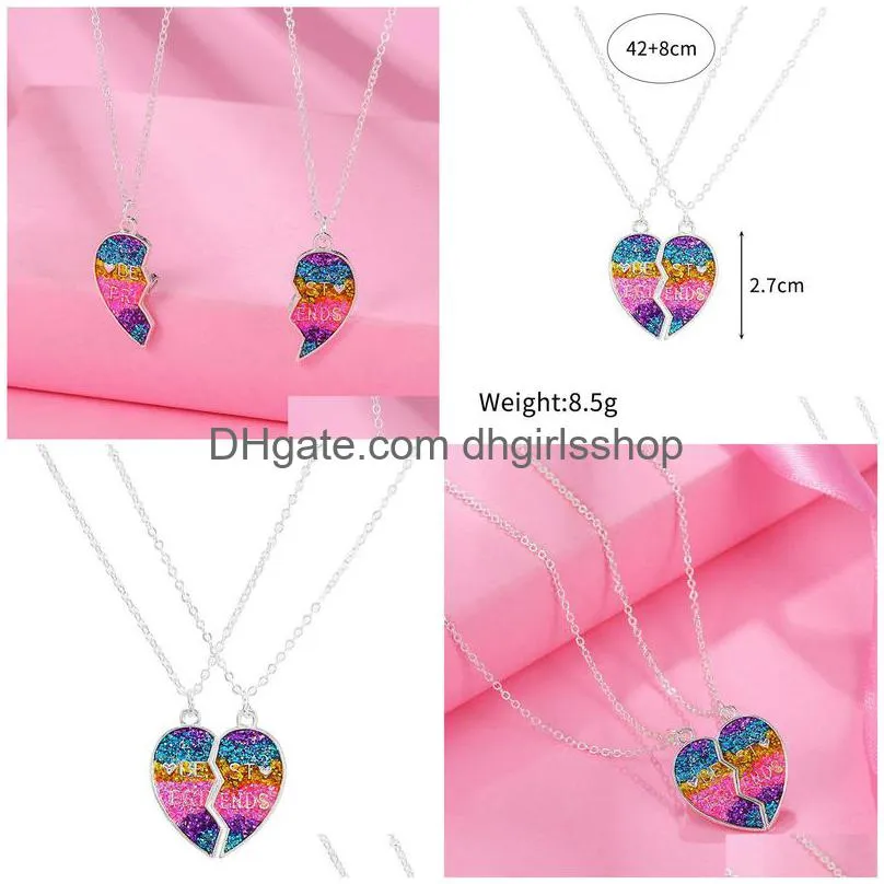 2 piece set gradient color heartshaped stitching pendant chain exquisite and lovely bff friendship necklace for friend