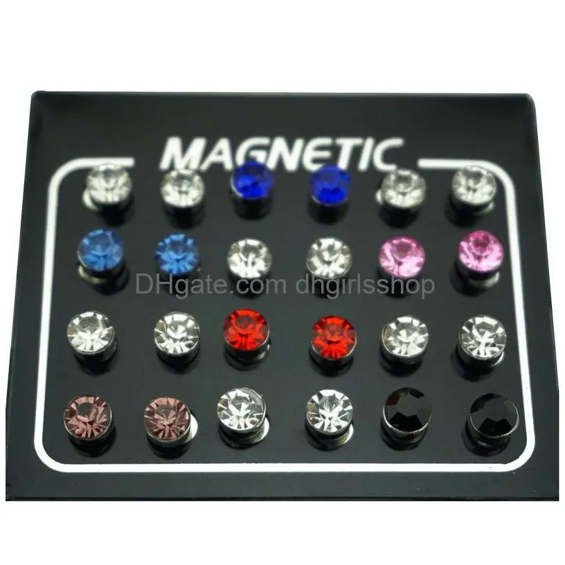 12 pair/lot 4/5/6/7mm round crystal rhinestone magnet stud earring puck women mens magnetic fake ear plug jewelry
