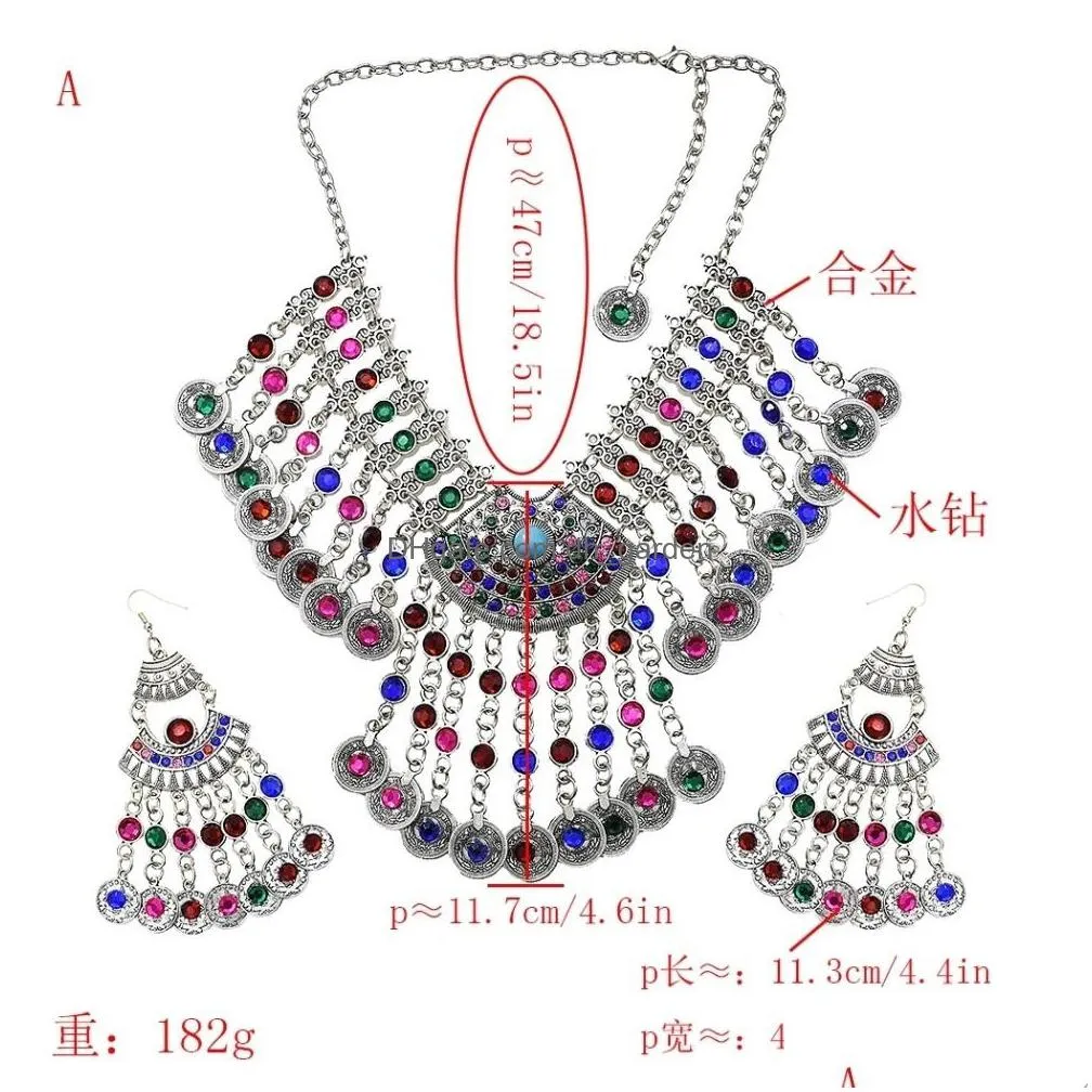 afghan silver color coin tassel bib statement earring sets for women turkish gypsy rhinestone necklace party jewelry