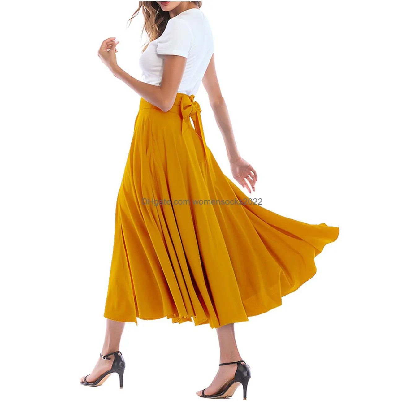 women long skirt high waist retro vintage swing elegant pleated belted rockabilly maxi skirt with pockets