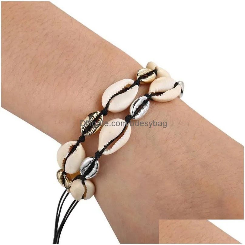 shell bracelet handmade woven shell wax rope men and women beach anklet bracelet 8.511 inches adjustable