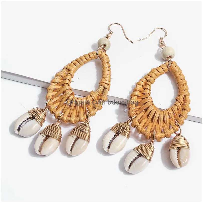 rattan earrings statement earrings handmade straw wicker woven shell pendant female boho 12pcs