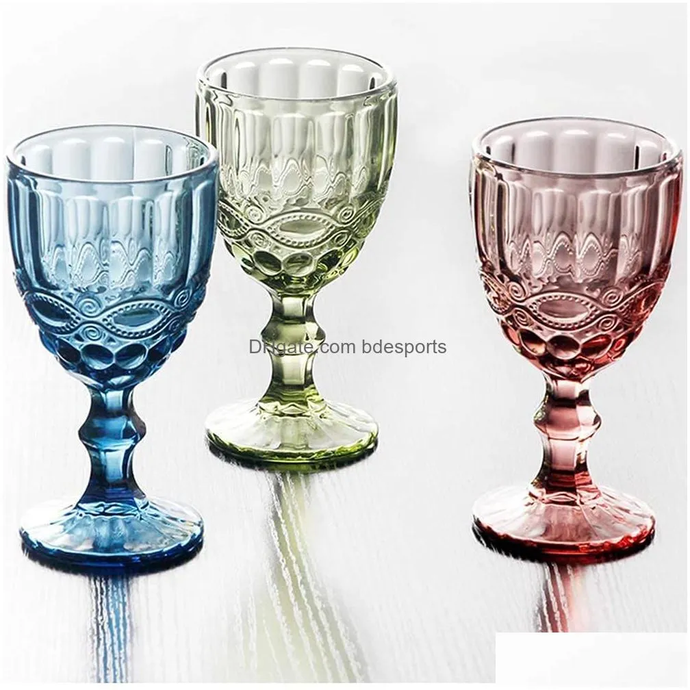 vintage glass goblets embossed stemmed glasses assorted colored drinking glasses for wine water juice beverage 064525