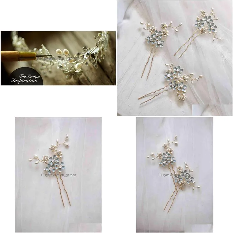 blue flower bridal hair pins clips zirconia pearl hairpins gold head pieces for bridesmaids wedding accessories brides jewelry