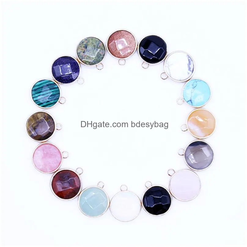 new natural stone mixed color striped cut round pendant mixed dyed plated natural agate pendant decorated with round lady charm 12pcs