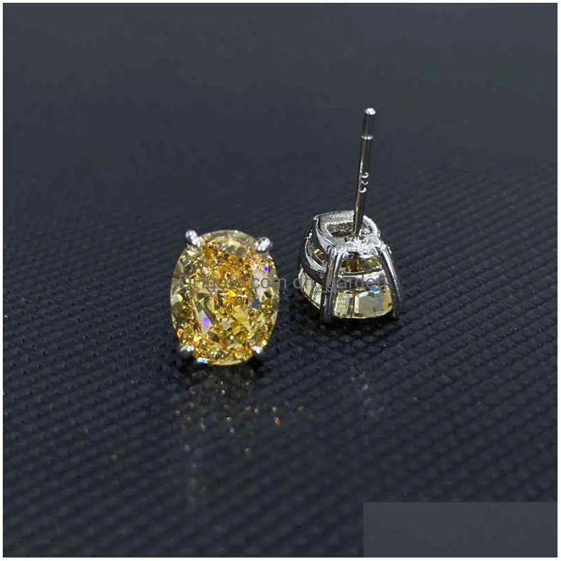 oevas 100% 925 sterling silver 8x10mm oval high carbon diamond stud earrings pink yellow 5a zircon wedding party fine jewelry