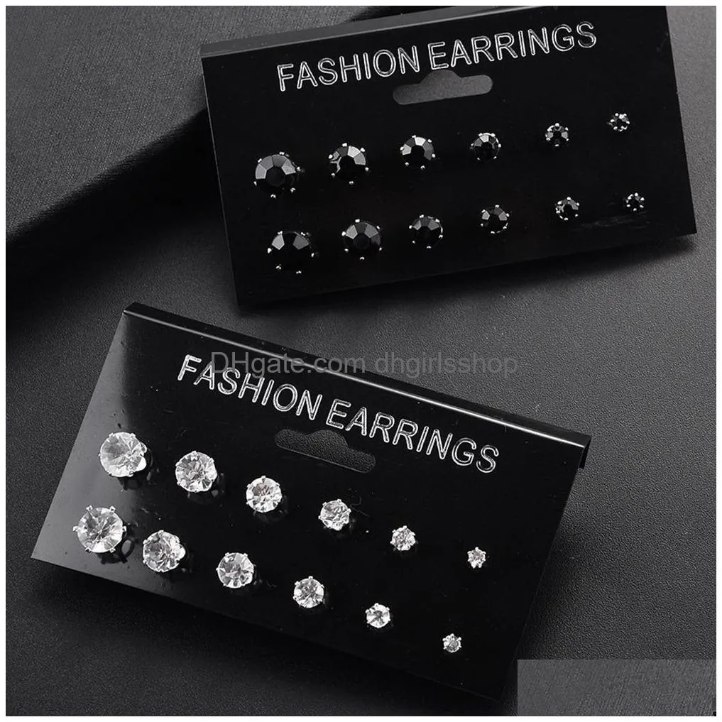 6/12 pair/pack shiny wedding stud earrings set for women men crystal jewelry ear studs accessories earring