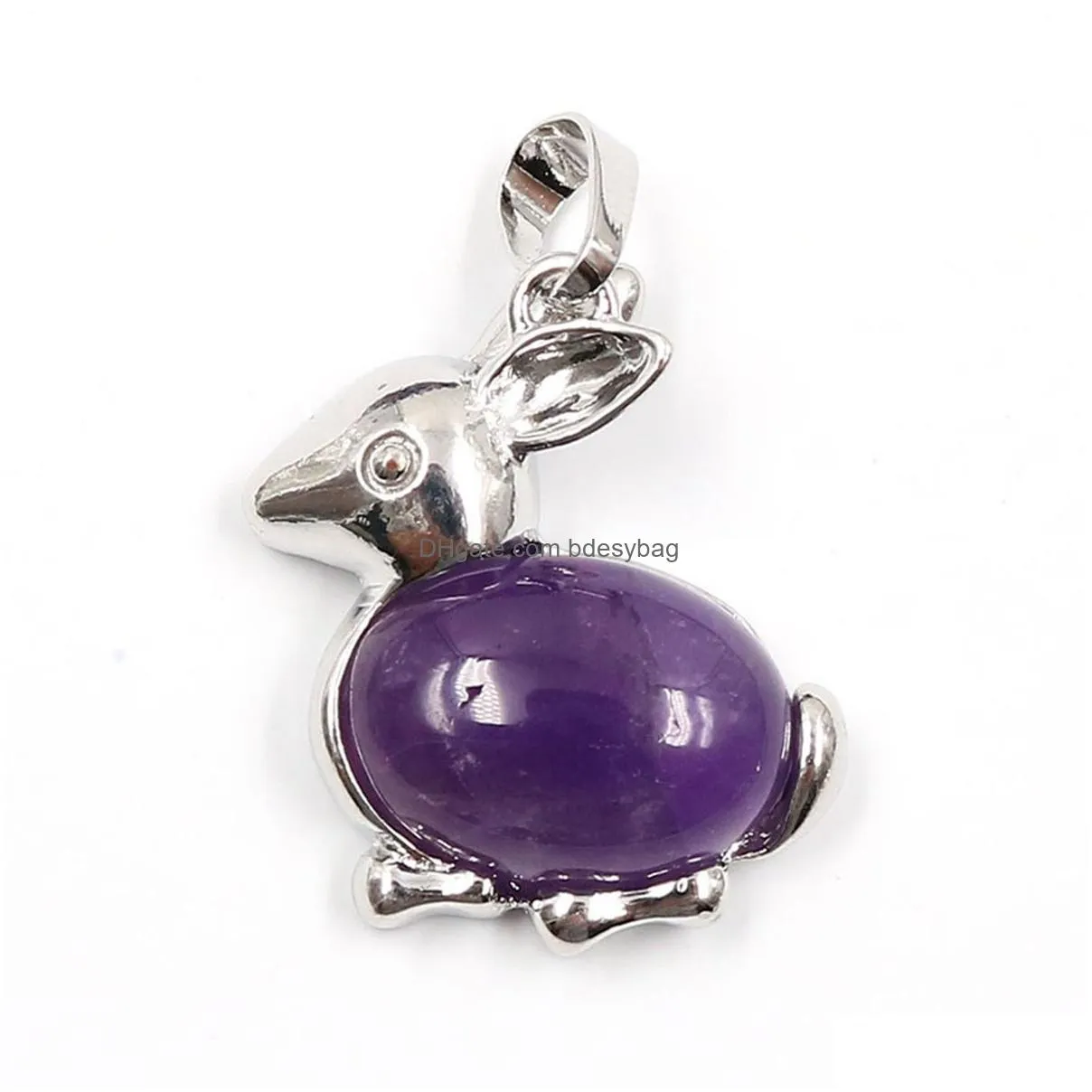 rabbit pendant easter lady silver necklace cute sweet stainless steel natural stone