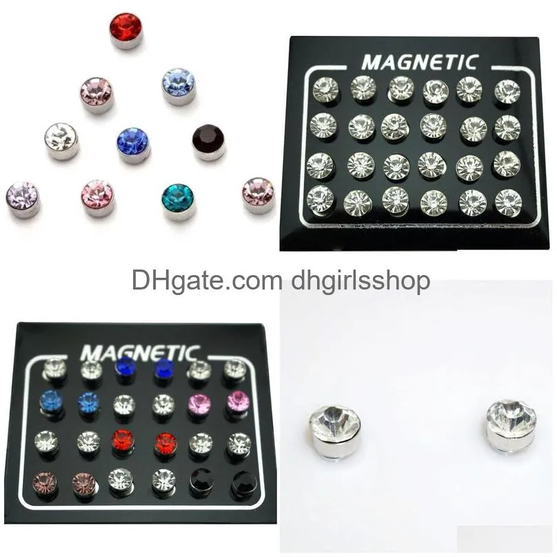 12 pair/lot 4/5/6/7mm round crystal rhinestone magnet stud earring puck women mens magnetic fake ear plug jewelry