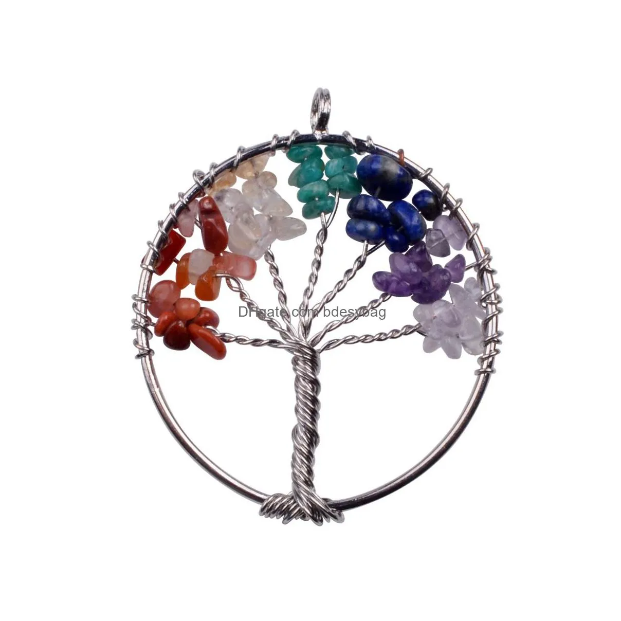 12pcs real raw chip gem stone chakra necklace tree of life quartz crystal chips women rainbow pendants jewelry for women