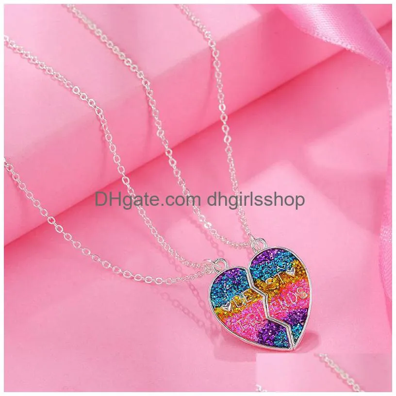 2 piece set gradient color heartshaped stitching pendant chain exquisite and lovely bff friendship necklace for friend