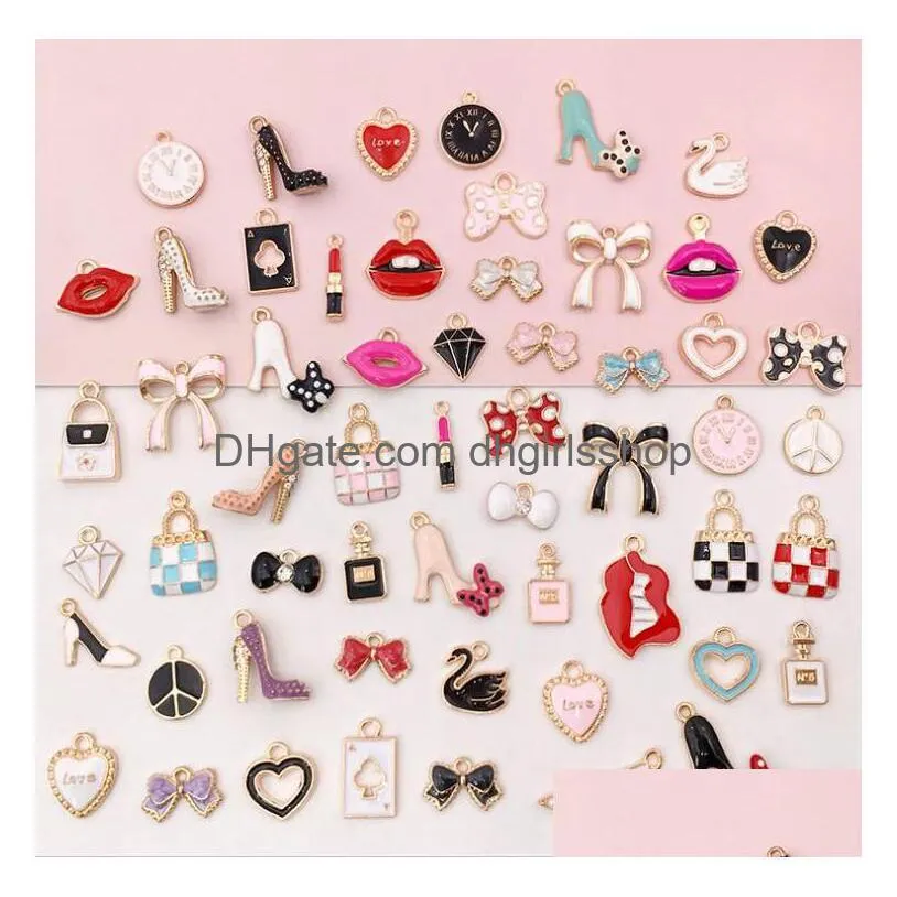 55pcs k gold color alloy findings charms for earring bracelet necklaces oil drip heart bow shoes pendants diy jewelry accessories