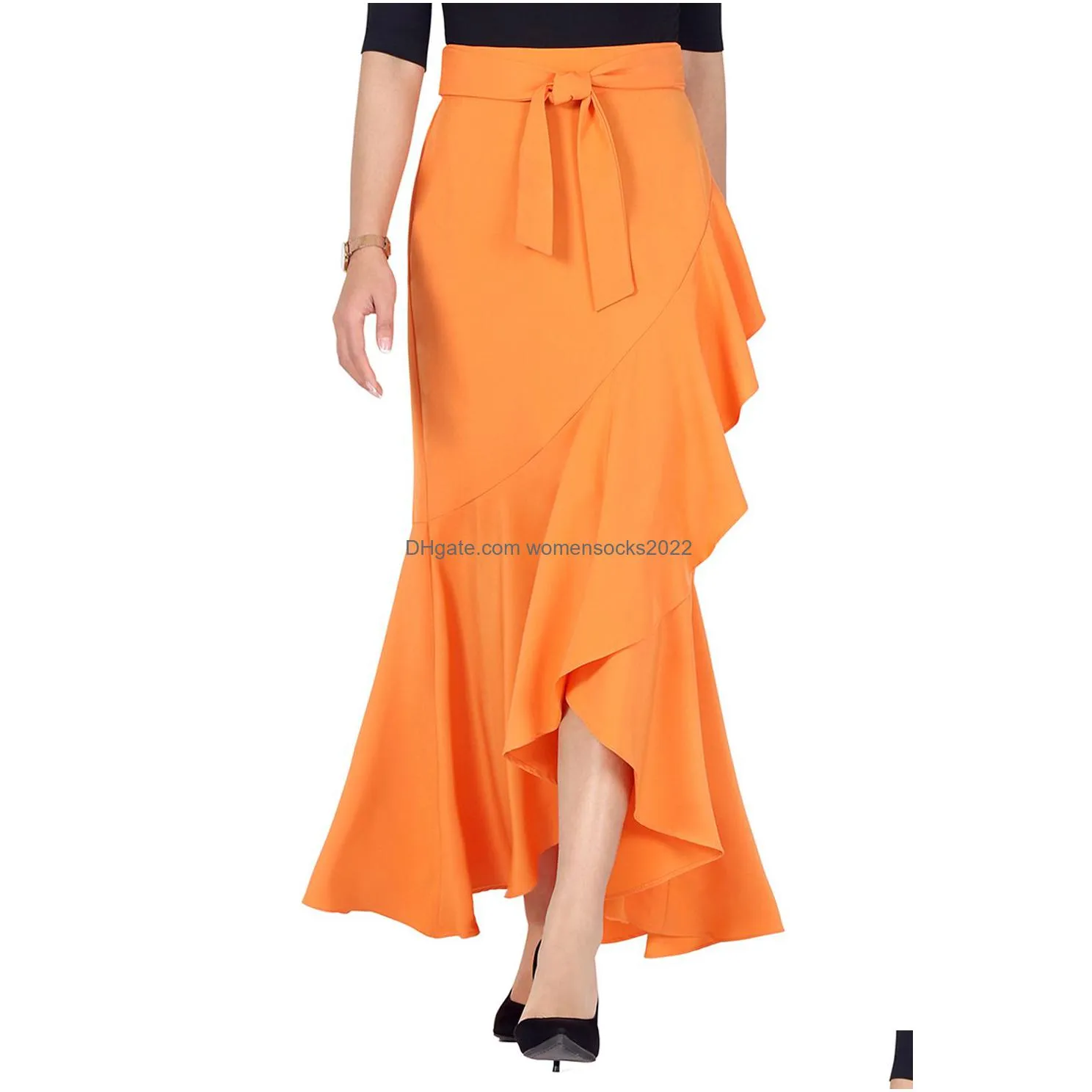 womens maxi long skirt high waist ruffles festive belted asymmetric mermaid fishtail party wrap skirt