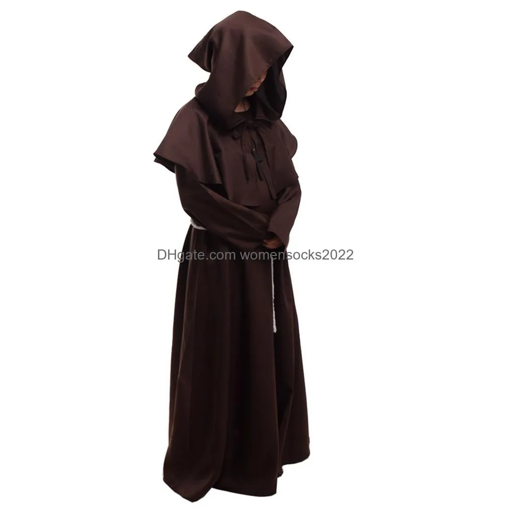  unisex medieval robe vintage hooded cowled friar halloween fancy cosplay priest monk mantle dress costume black/brown/burgundy