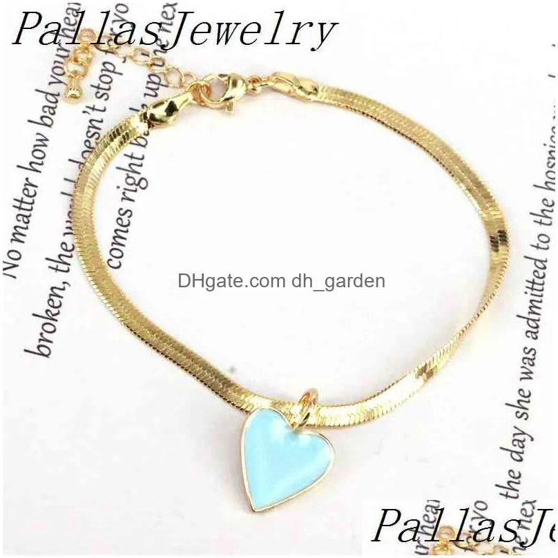 10pcs elegant flat snake chain bracelets colorful enamel heart for women girls gold color metal adjustable girl /lady jewelry