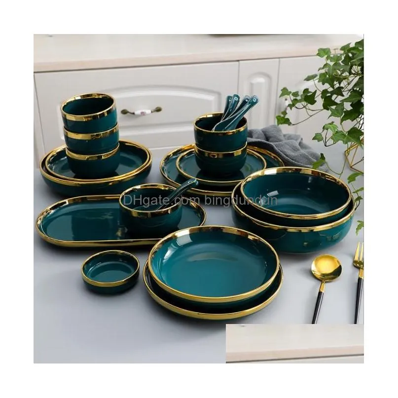 gilt rim green ceramic plate steak food plate tableware bowl ins dinner dish high end porcelain dinnerware set for family hotel