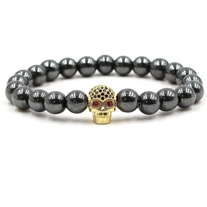 2018 new fashion 10pc/set wholesale best quality bead stone with black skull macrame bracelet for men